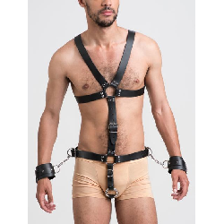 Image of DOMINIX Deluxe Leather Body Harness with Cock Ring and Wrist Cuffs