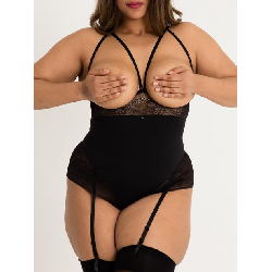 Image of Lovehoney Plus Size Hourglass Black Smoothing Open-Cup Crotchless Teddy